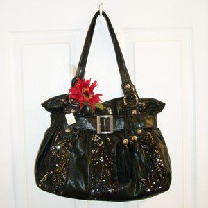 NEW 2 Tassle Black Sequin 2 Handle Tote Bag  Faux Leather Silver Trim 10" X 14"